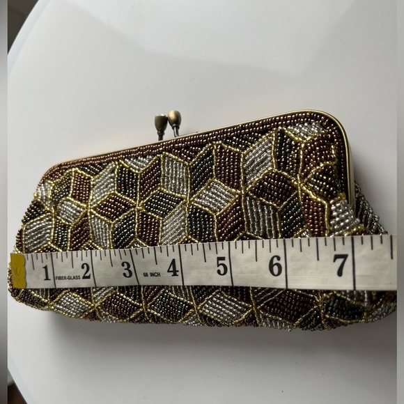 NWT MONI Couture Beaded Olive Green Amber Brown Formal Clutch With Bronze Accent - Picture 12 of 15